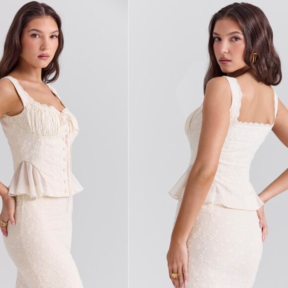 HOUSE OF CB 'Jean' Vintage Cream Cotton Broderie Anglais Peplum Top NWOT - Picture 6 of 9